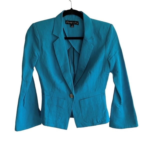 Elizabeth and JAMES Linen Cotton Cropped Blazer Peacock Blue 2 - Picture 4 of 9